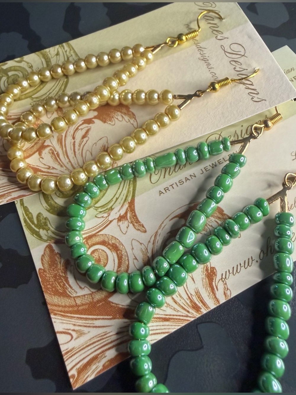 2 Pair Bundle Pearl & Green Seed Bead Teardrop Dangle Earrings